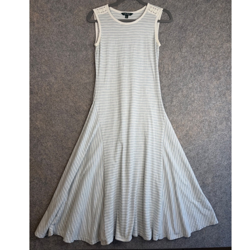 Ralph Lauren Sleeveless Midi Dress S Blue White Striped Lace Up Nautical Coastal